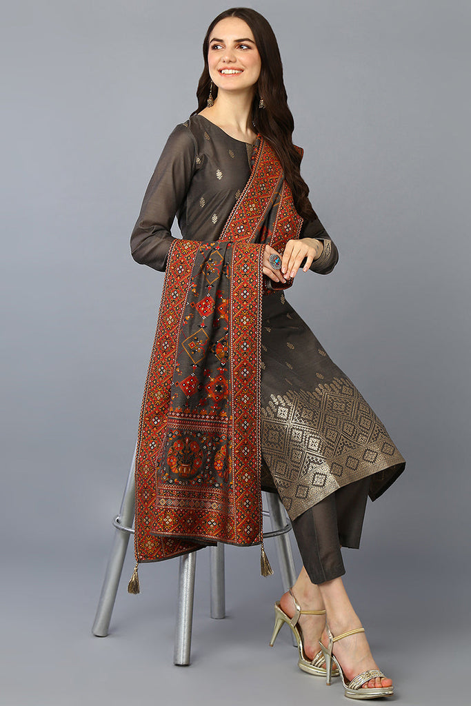 Women's Silk Blend Grey Jacquard Straight Kurta Pant With Dupatta