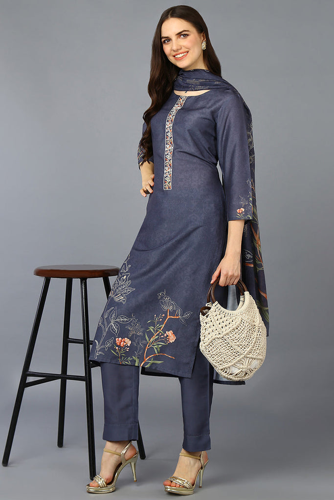 Women's Silk Blend Grey Printed Straight Kurta Pant With Dupatta
