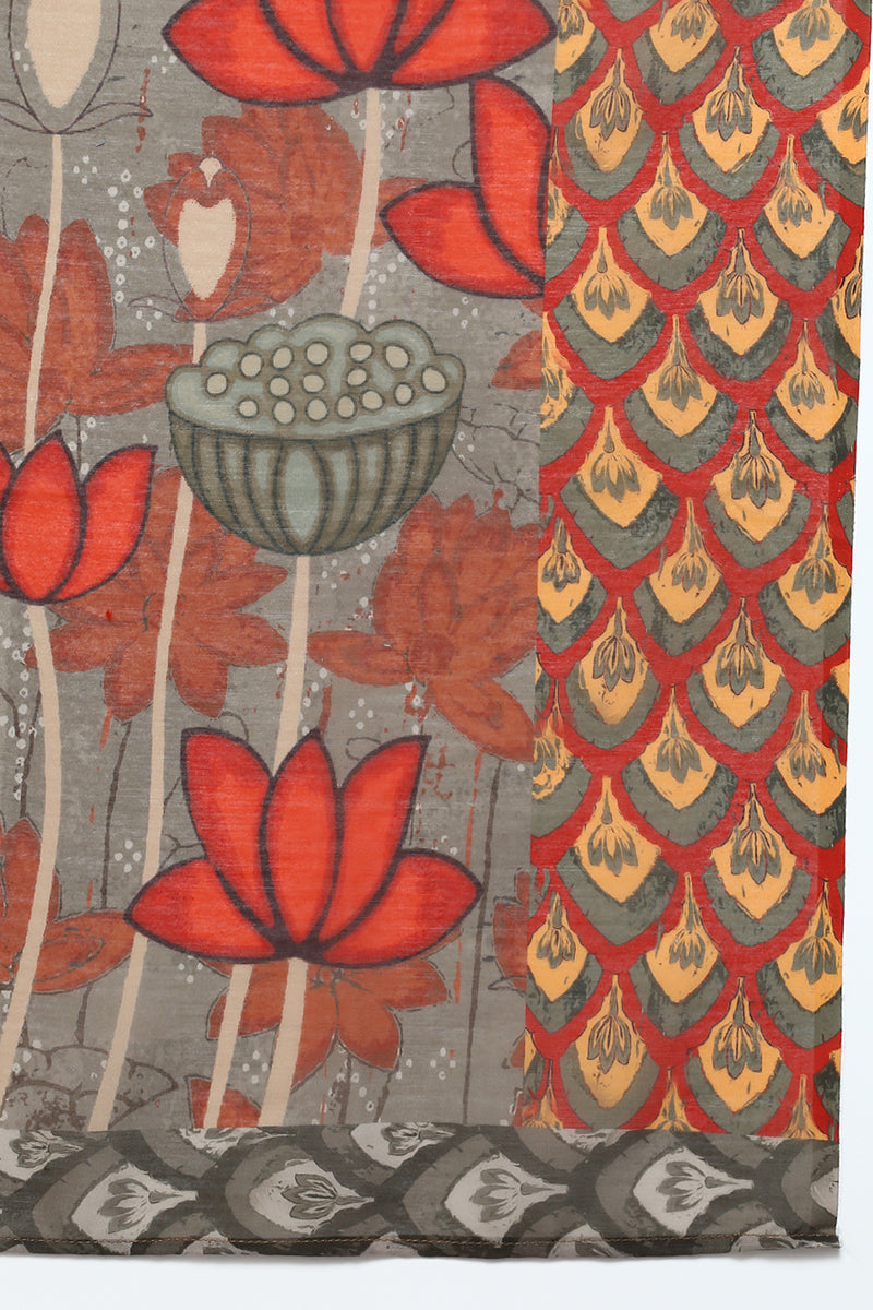 Women's Silk Blend Saffron Printed Straight Kurta Pant With Dupatta - Ahika