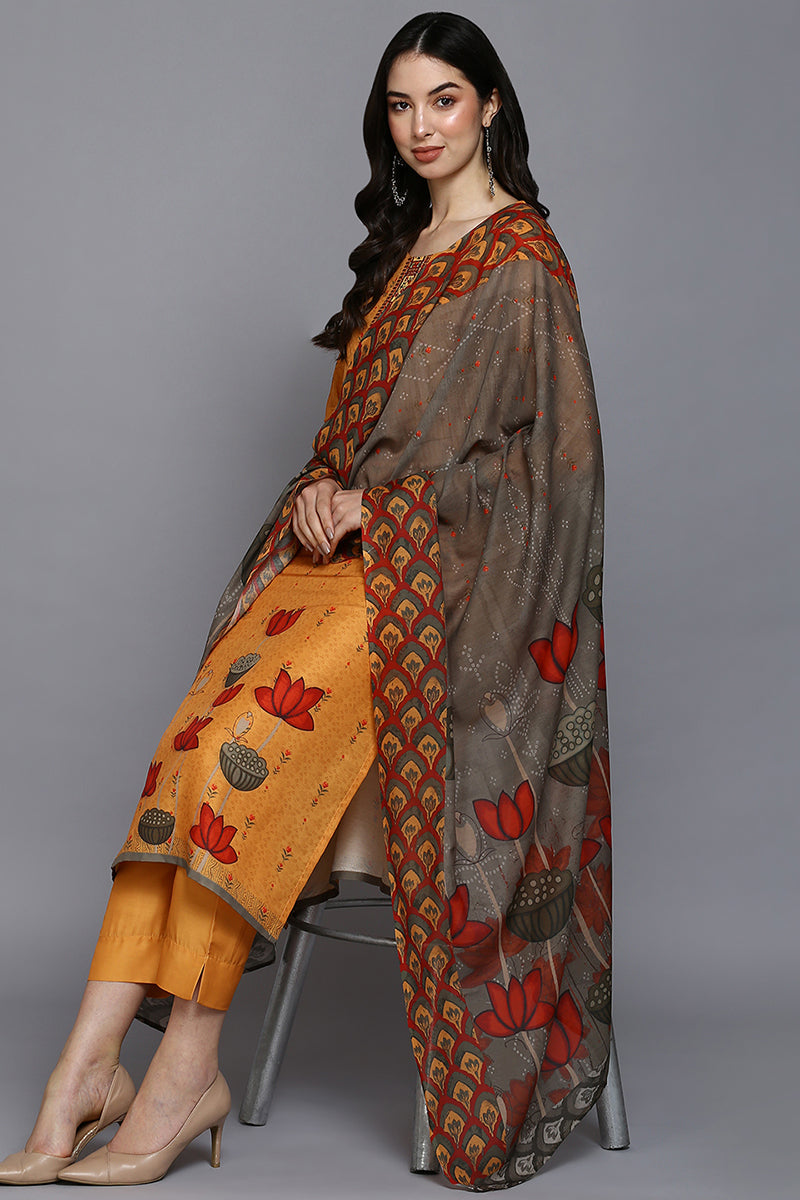 Women's Silk Blend Saffron Printed Straight Kurta Pant With Dupatta