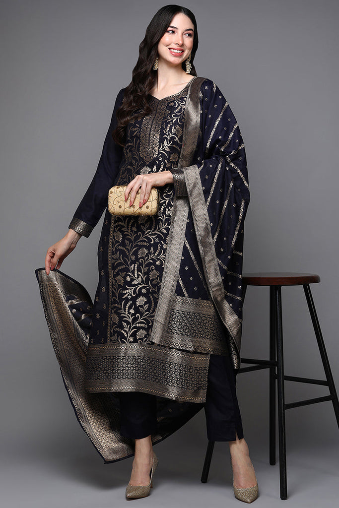 Women's Poly Chanderi Black Jacquard Straight Kurta Pant With Dupatta