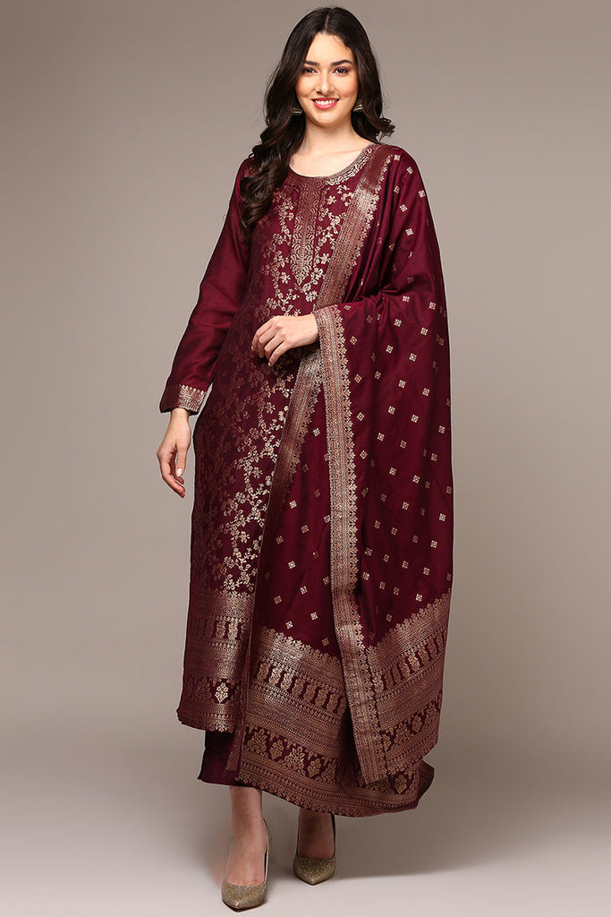 Women's Maroon Poly Chanderi Woven Design Straight Kurta Pant With Dupatta