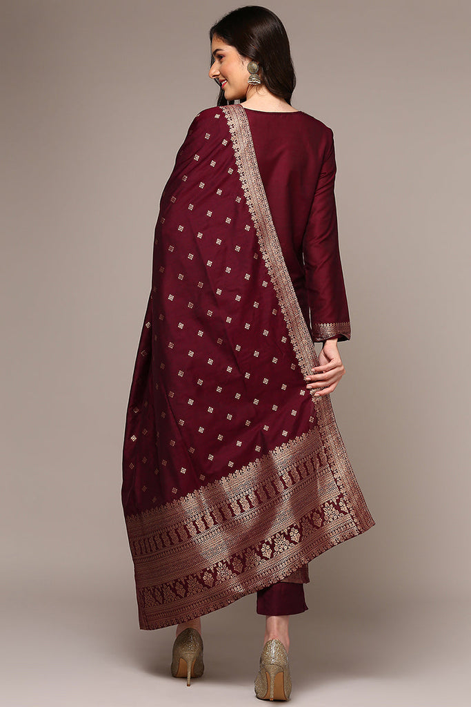 Women's Maroon Poly Chanderi Woven Design Straight Kurta Pant With Dupatta