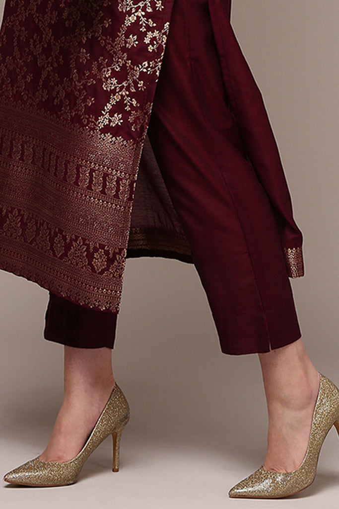 Women's Maroon Poly Chanderi Woven Design Straight Kurta Pant With Dupatta