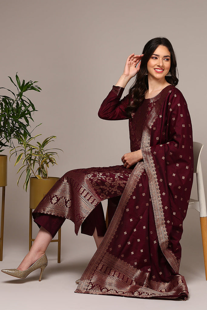 Women's Maroon Poly Chanderi Woven Design Straight Kurta Pant With Dupatta