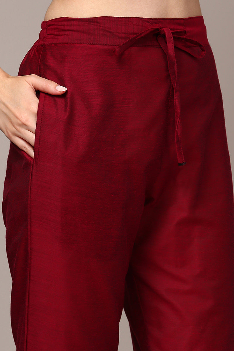 Women's Red Poly Chanderi Woven Design Straight Kurta Pant With Dupatta - Ahika
