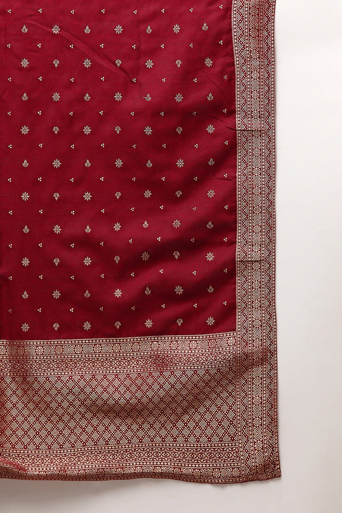 Women's Red Poly Chanderi Woven Design Straight Kurta Pant With Dupatta