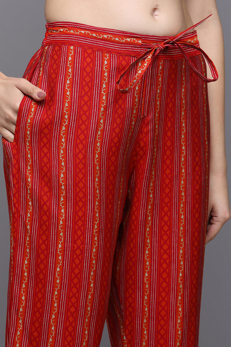 Women's Silk Blend Red Bandhej Straight Kurta Pant With Dupatta - Ahika