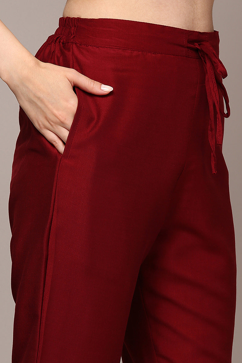Women's Maroon Silk Blend Yoke Design Straight Kurta Pant With Dupatta - Ahika