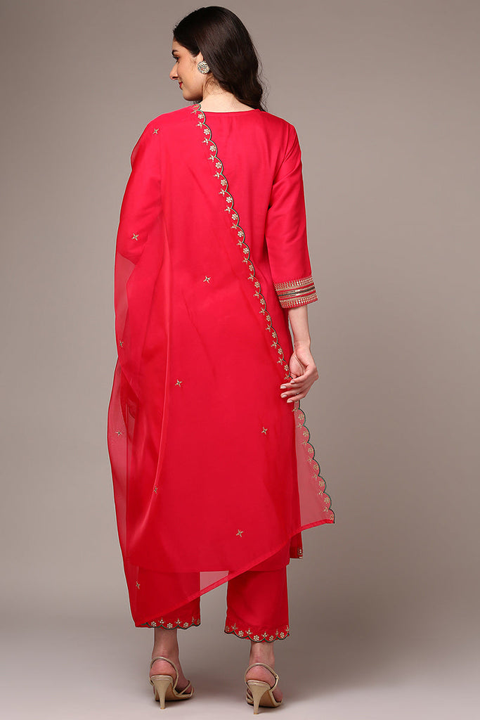 Women's Pink Silk Blend Yoke Design Straight Kurta Pant With Dupatta