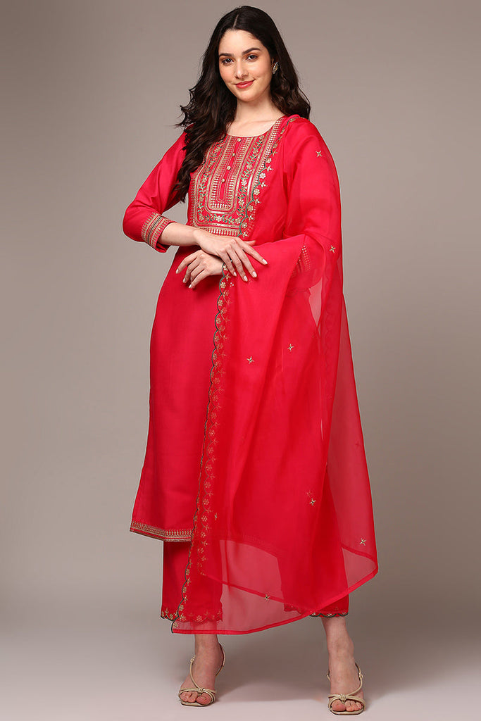 Women's Pink Silk Blend Yoke Design Straight Kurta Pant With Dupatta