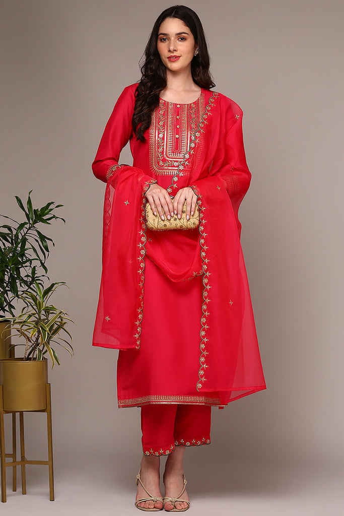 Women's Pink Silk Blend Yoke Design Straight Kurta Pant With Dupatta