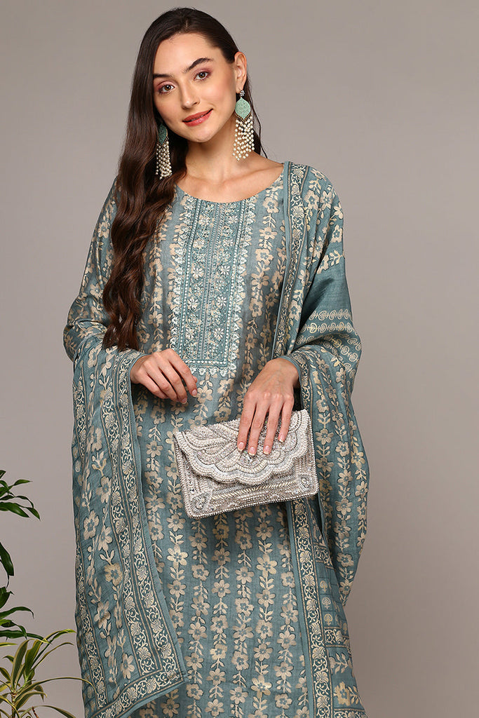 Women's Grey Silk Blend Printed Straight Suit Set