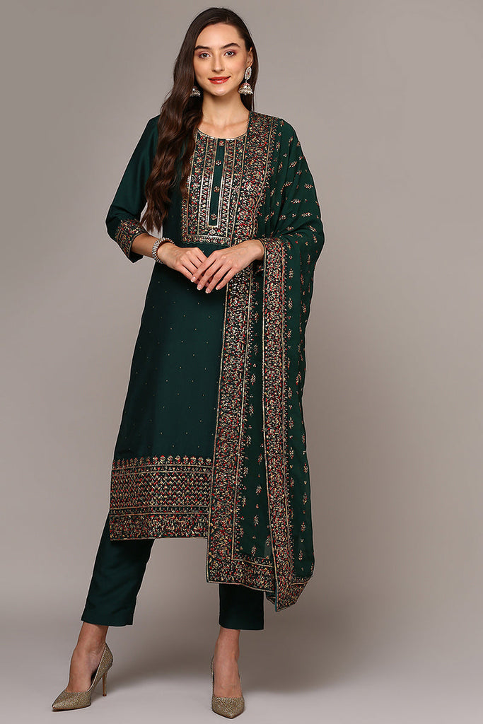 Women's Green Silk Blend Solid Straight Suit Set