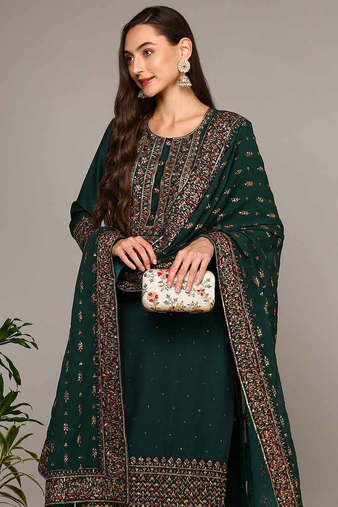 Women's Green Silk Blend Solid Straight Suit Set