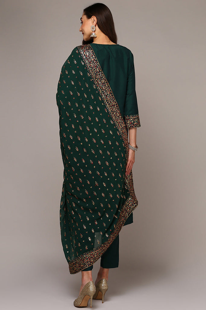 Women's Green Silk Blend Solid Straight Suit Set