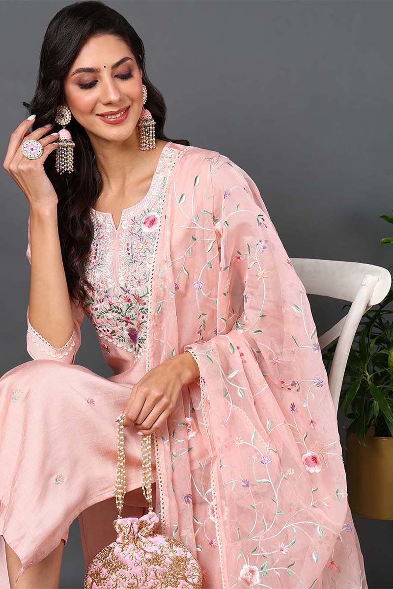 Women's Pink Silk Blend Solid Embroidered Kurta Pant With Dupatta  - Ahika