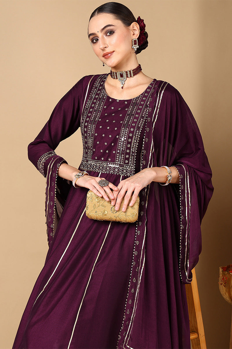 Women's Purple Silk Blend Solid Embroidered Kurta Palazzo With Dupatta  - Ahika