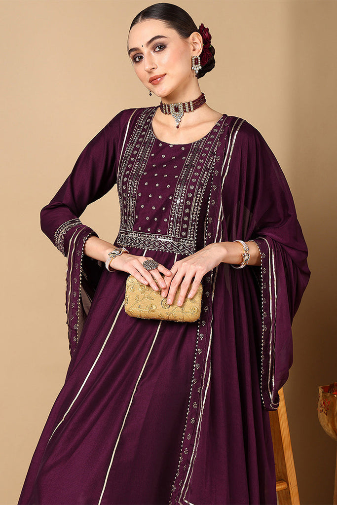 Women's Purple Silk Blend Solid Embroidered Kurta Palazzo With Dupatta