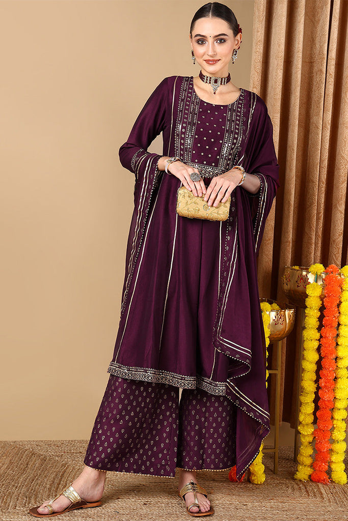 Women's Purple Silk Blend Solid Embroidered Kurta Palazzo With Dupatta