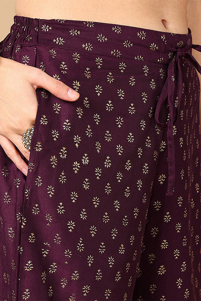 Women's Purple Silk Blend Solid Embroidered Kurta Palazzo With Dupatta