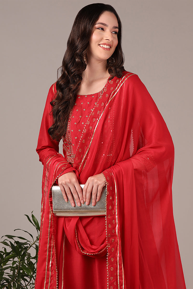 Women's Red Silk Blend Solid Yoke Design Zari Anarkali Kurta Palazzo With Dupatta - Ahika