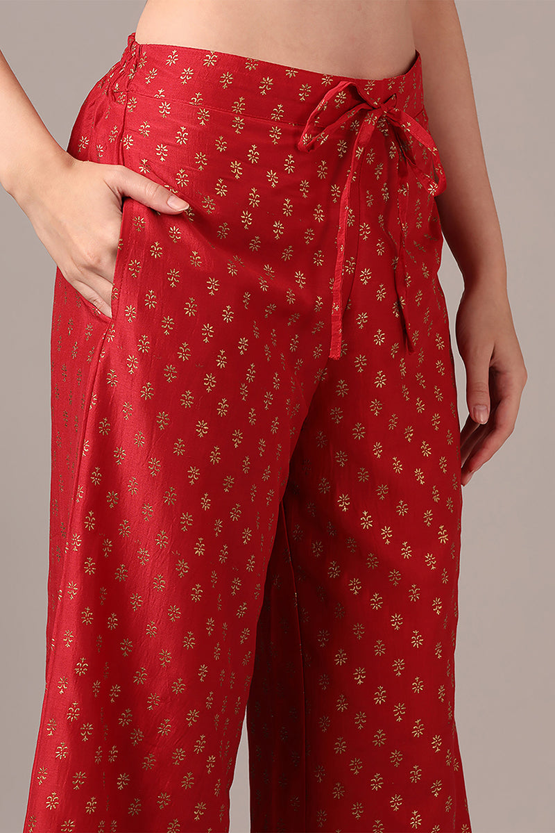 Women's Red Silk Blend Solid Yoke Design Zari Anarkali Kurta Palazzo With Dupatta - Ahika