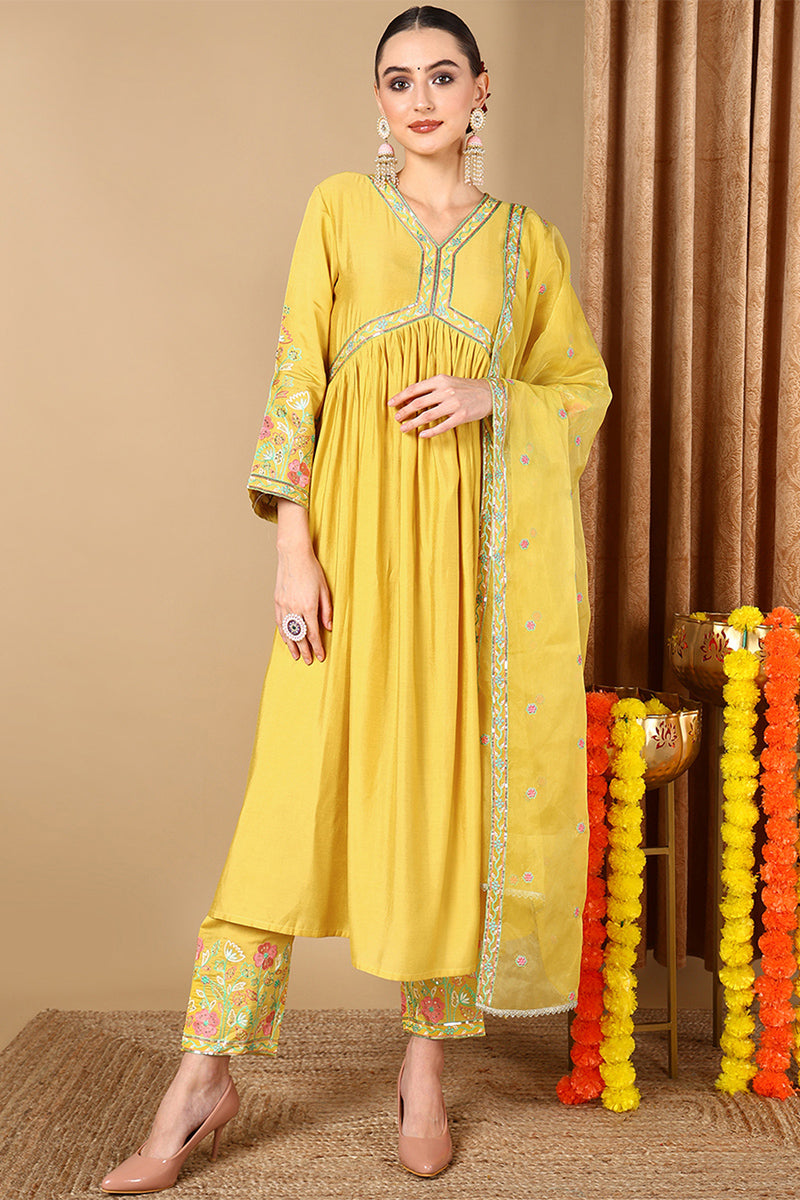 Women's Yellow Silk Blend Solid Embroidered Kurta Pant With Dupatta  - Ahika