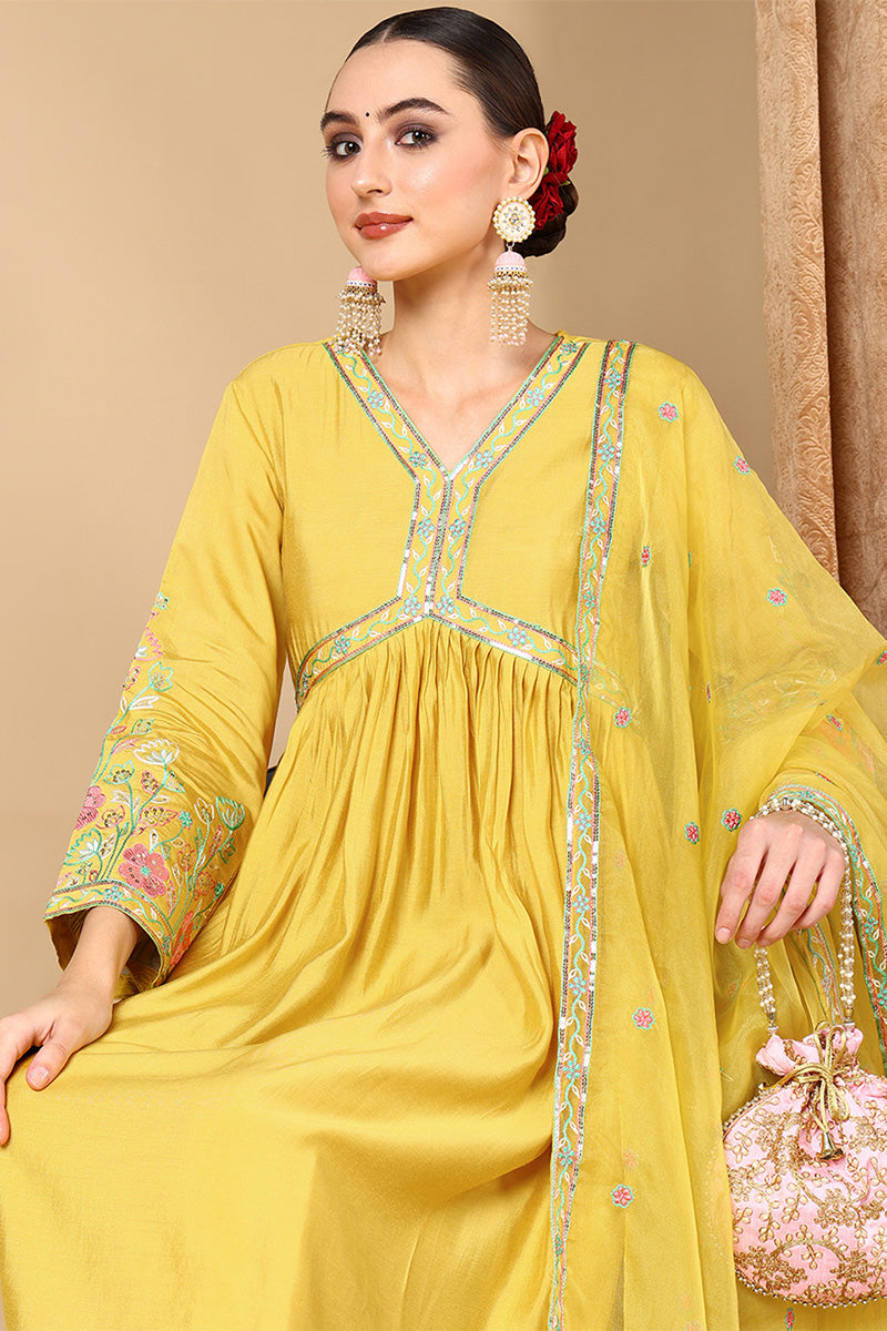 Women's Yellow Silk Blend Solid Embroidered Kurta Pant With Dupatta  - Ahika