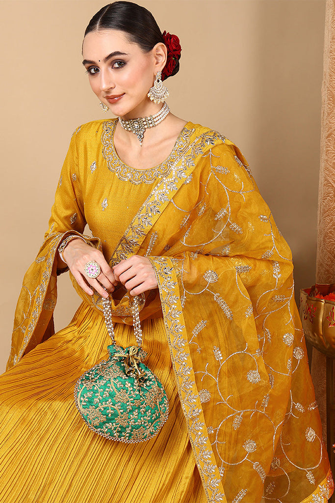 Women's Yellow Silk Blend Solid Embroidered Kurta Pant With Dupatta