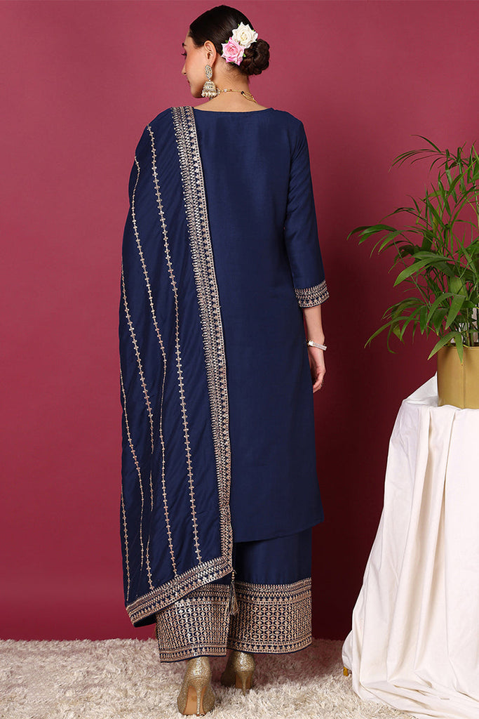 Women's Blue Silk Blend Solid Yoke Design Straight Kurta Palazzos With Dupatta