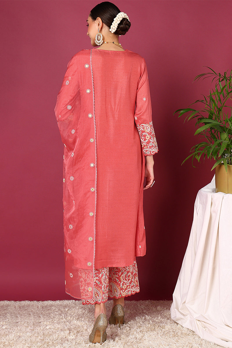 Women's Pink Silk Blend Solid Yoke Design Anarkali Kurta Palazzos With Dupatta - Ahika