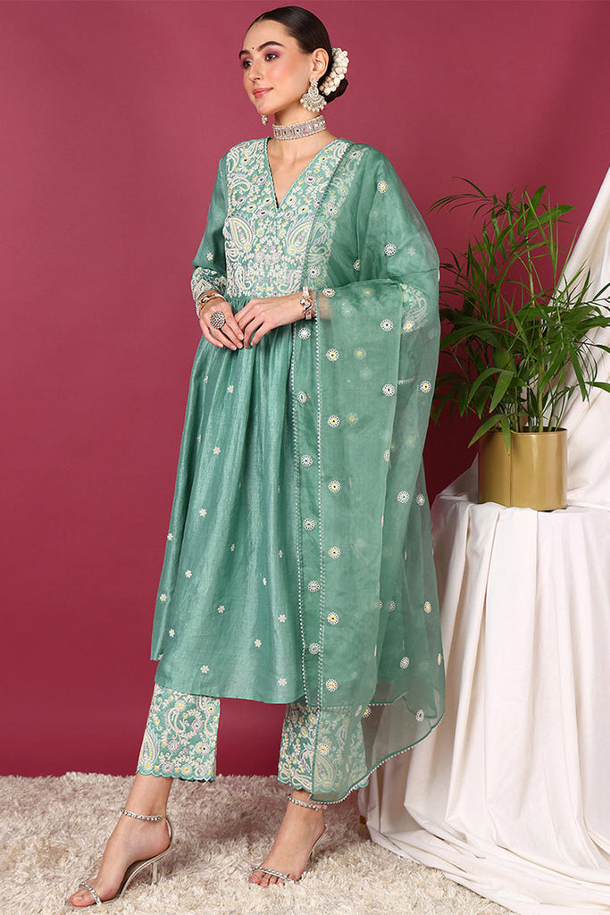 Women's Sea Green Silk Blend Solid Yoke Design Anarkali Kurta Palazzos With Dupatta