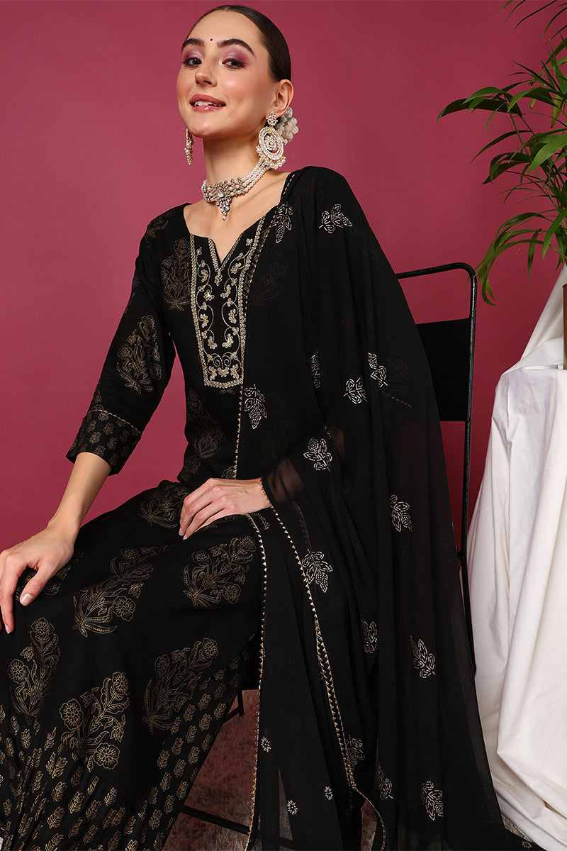 Women's Black Viscose Rayon Solid Woven Design Straight Kurta Salwar With Dupatta - Ahika