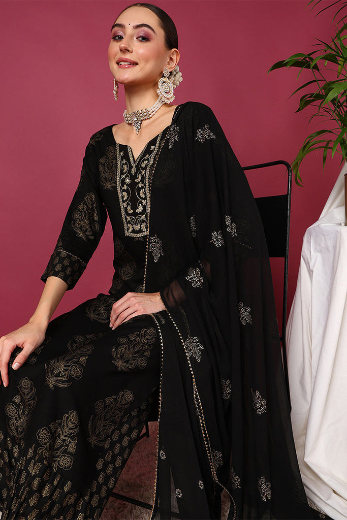 Women's Black Viscose Rayon Solid Woven Design Straight Kurta Salwar With Dupatta