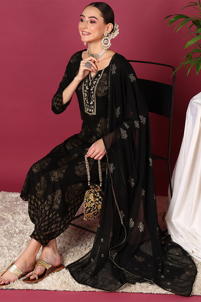 Women's Black Viscose Rayon Solid Woven Design Straight Kurta Salwar With Dupatta