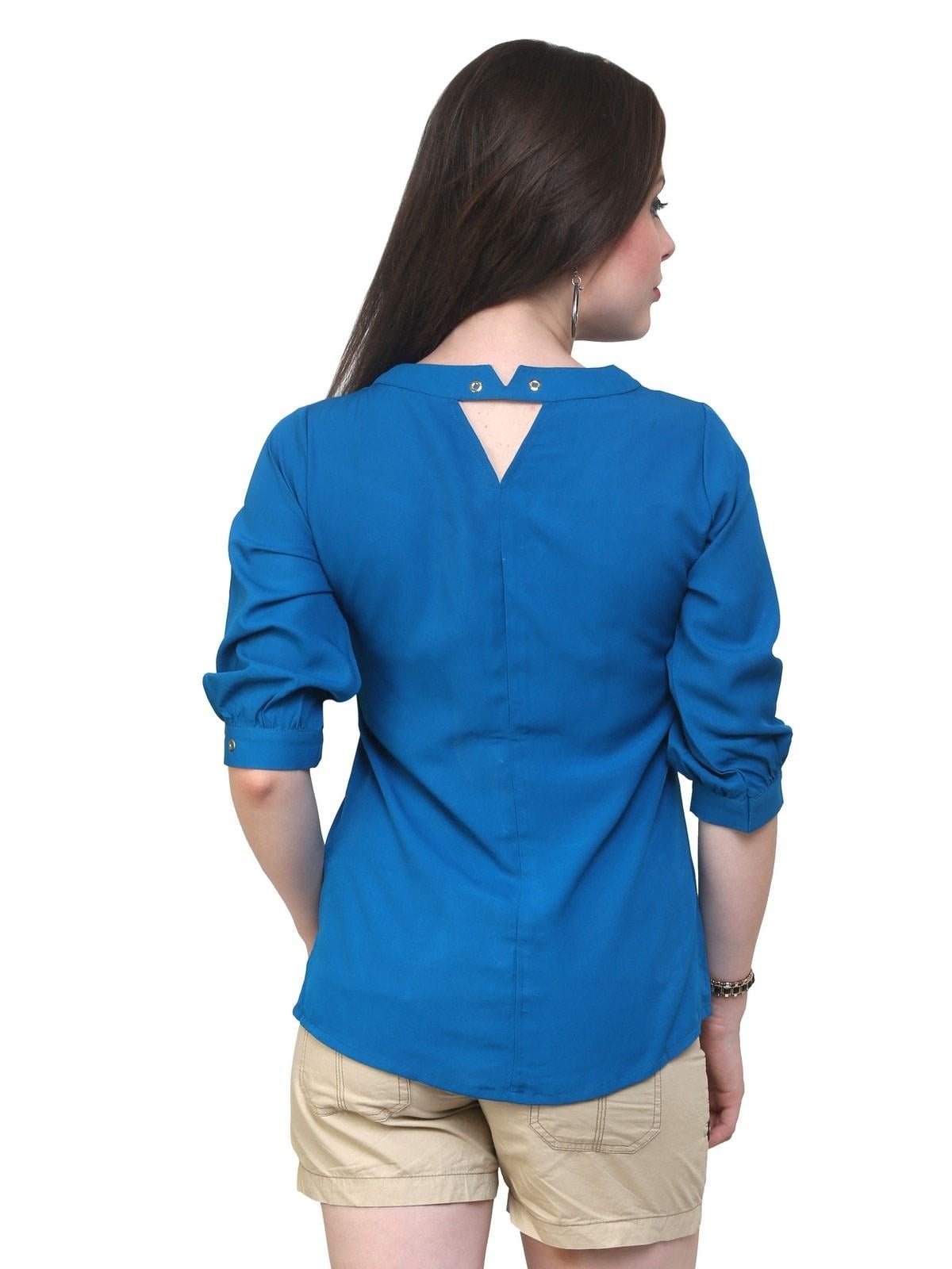 Women's Blue Shirt Top With Detailed Notch Designs - Pannkh