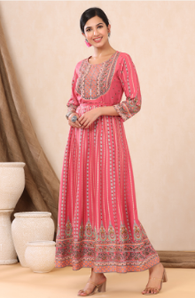 Women's Pink Rayon Printed Anarkali Dress - Juniper