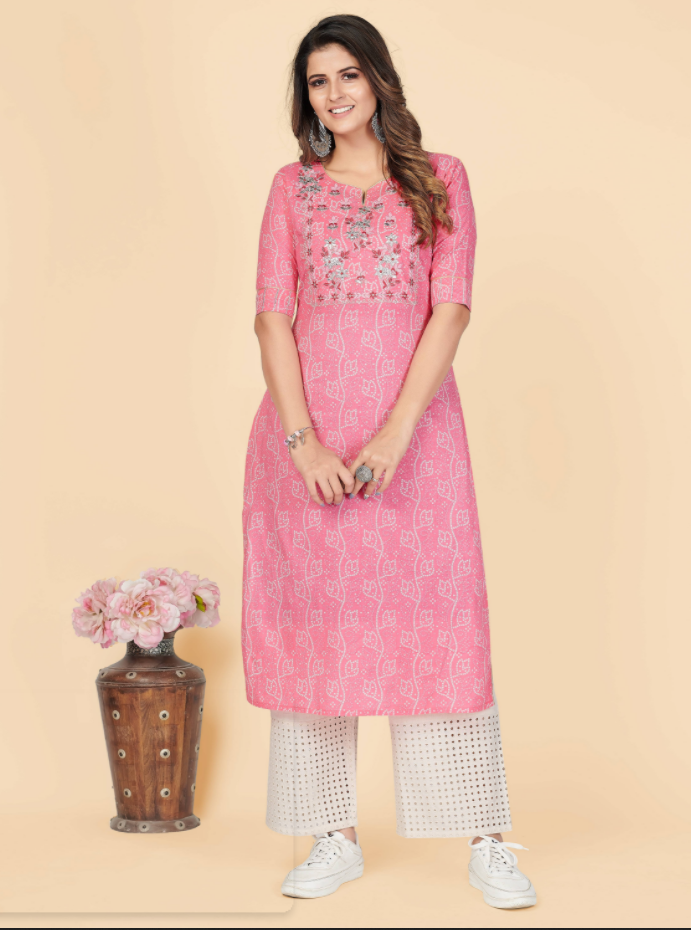 Women's Printed & Embroidered Straight Cotton Pink Stitched Kurta (1Pc) - Vbuyz