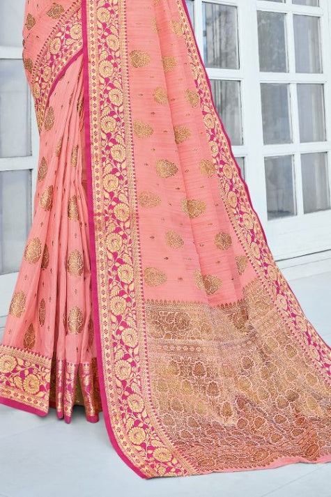 Women's Crepe Pink Cotton Saree - Karagiri