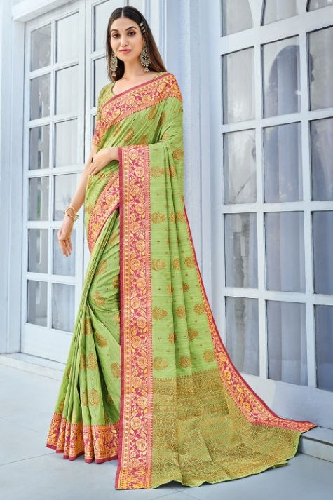 Women's Light Green Cotton Saree - Karagiri