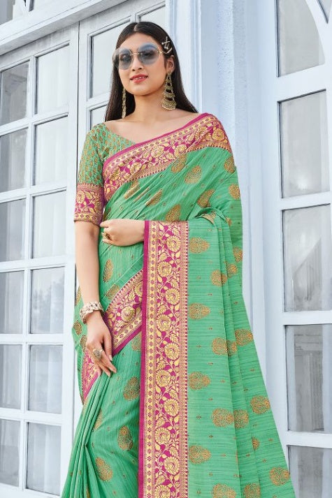 Women's Shamrock Green Cotton Saree - Karagiri