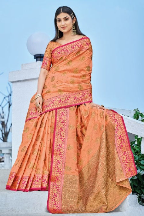 Women's Bronze Orange Cotton Saree - Karagiri