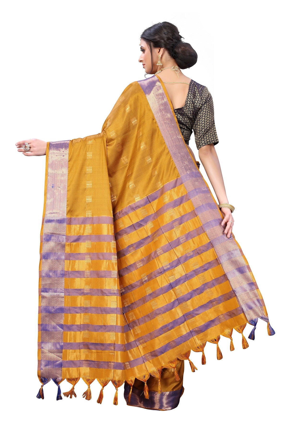 Women's Ethnic Fire Mustard Cotton Silk Weaving Saree - Vamika