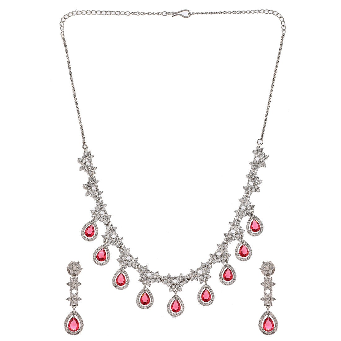 Women's Cz Elegance Red Teardrop Silver Plated Necklace Set - Voylla