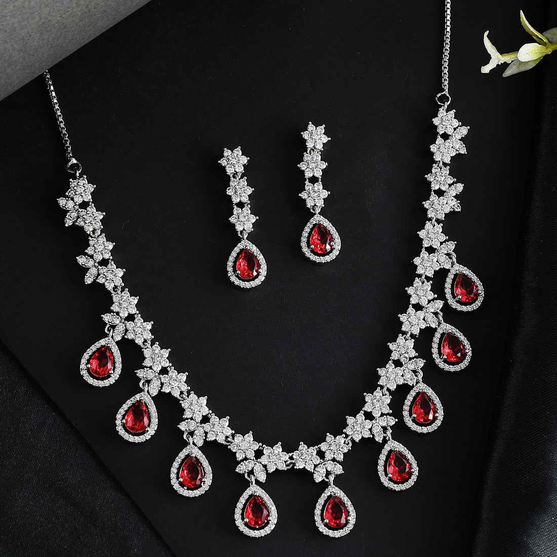 Women's Cz Elegance Red Teardrop Silver Plated Necklace Set - Voylla