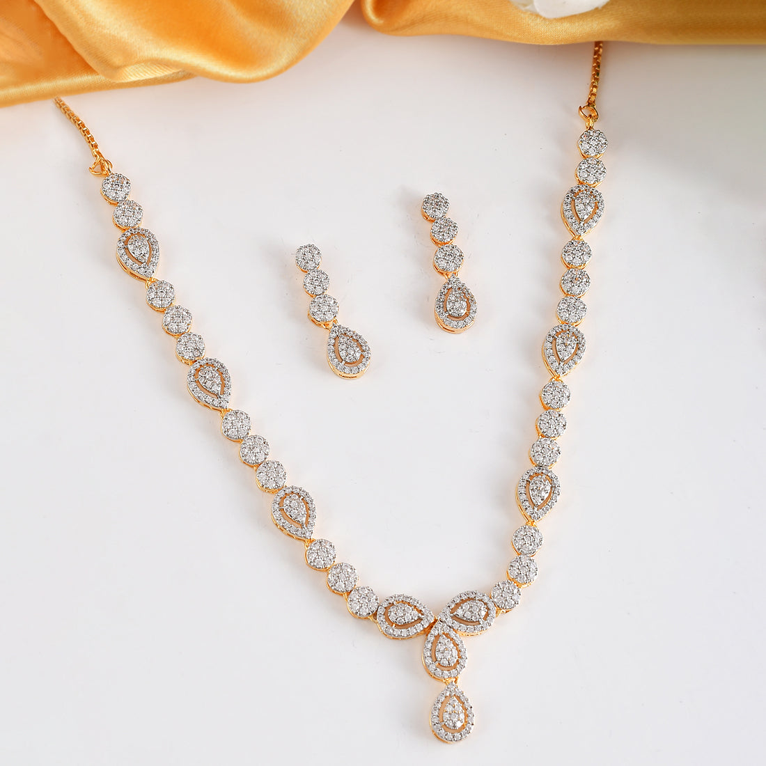 Women's Cz Elegance Gold Plated White Tear Drop Bead Necklace Set - Voylla