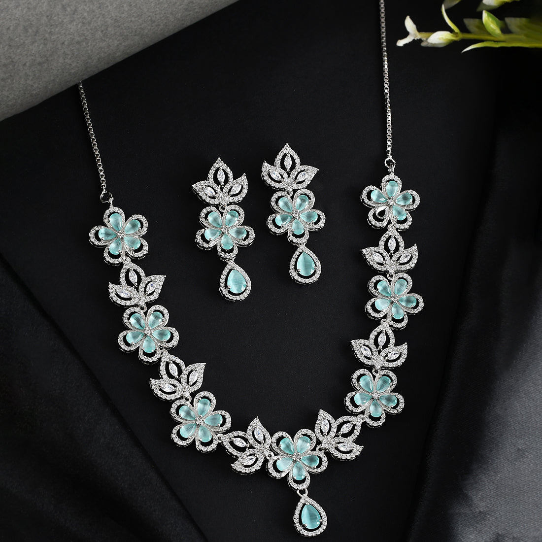 Women's Cz Elegance Silver Plated Blue Flower Necklace Set - Voylla