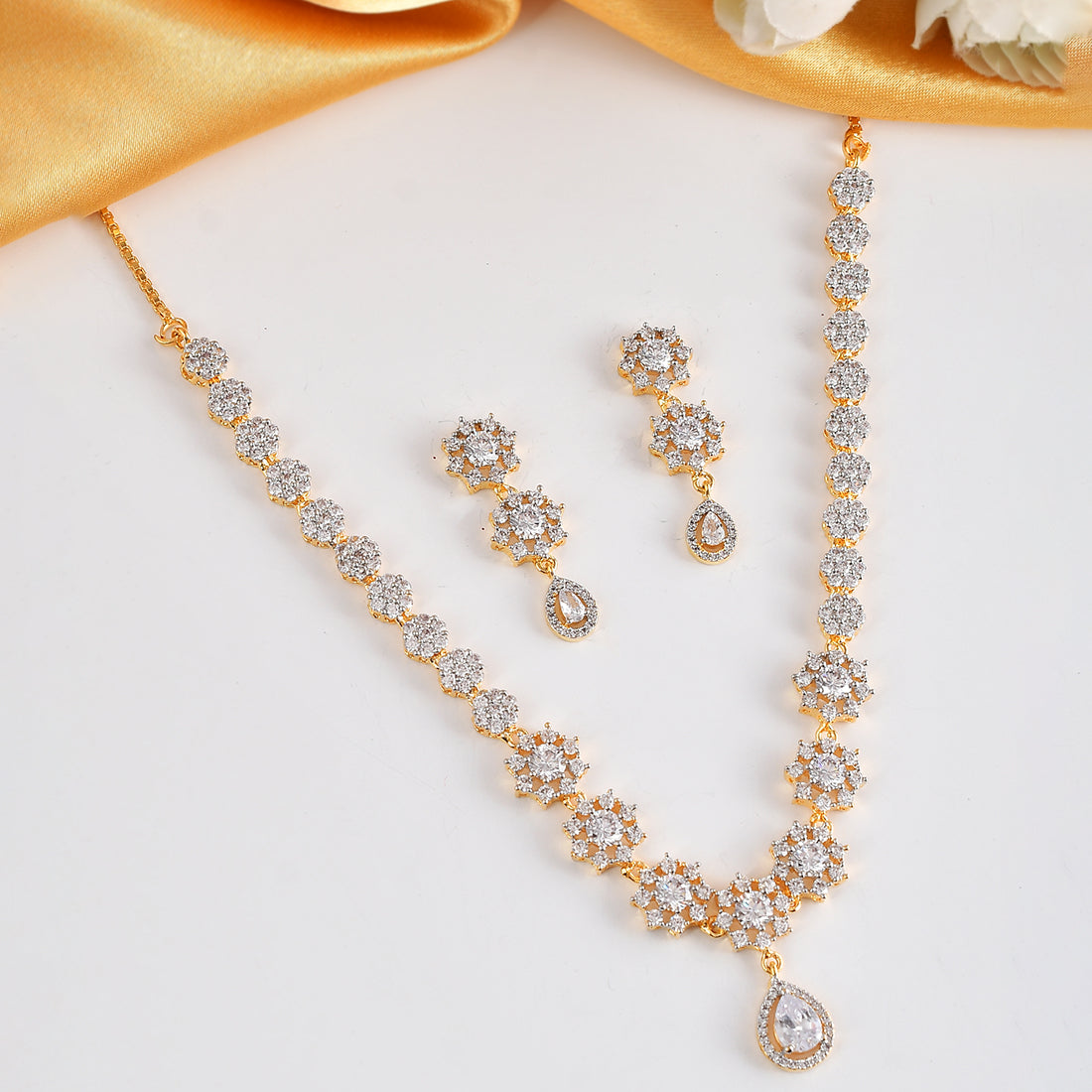 Women's Cz Elegance Gold Plated Snowflake Necklace Set - Voylla