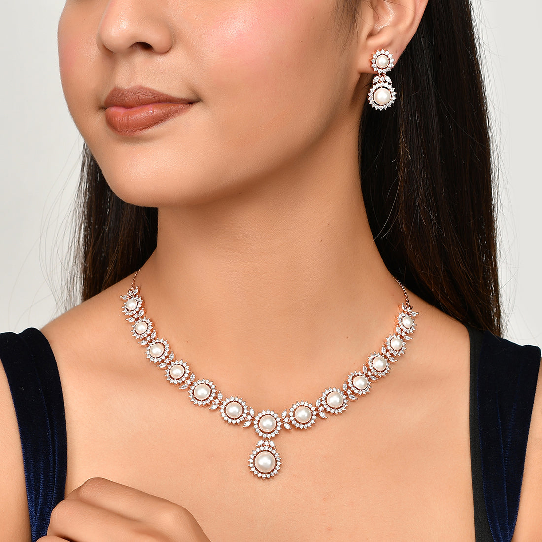 Women's Cz Elegance Rose White Pearl Necklace Set - Voylla
